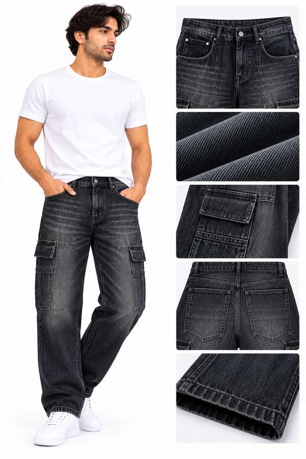 Men's Washed Black Cargo Jeans | Relaxed Fit Denim