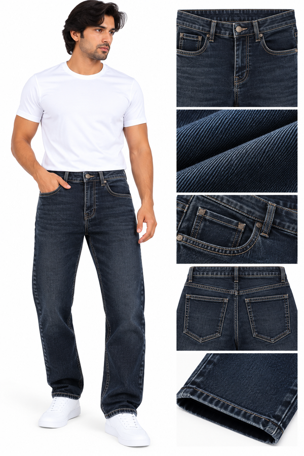 Men's Dark Blue Washed Denim Jeans – Classic Everyday Style