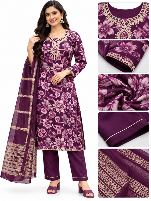 Women’s Purple Floral Printed Kurta Pant Set with Elegant Dupatta