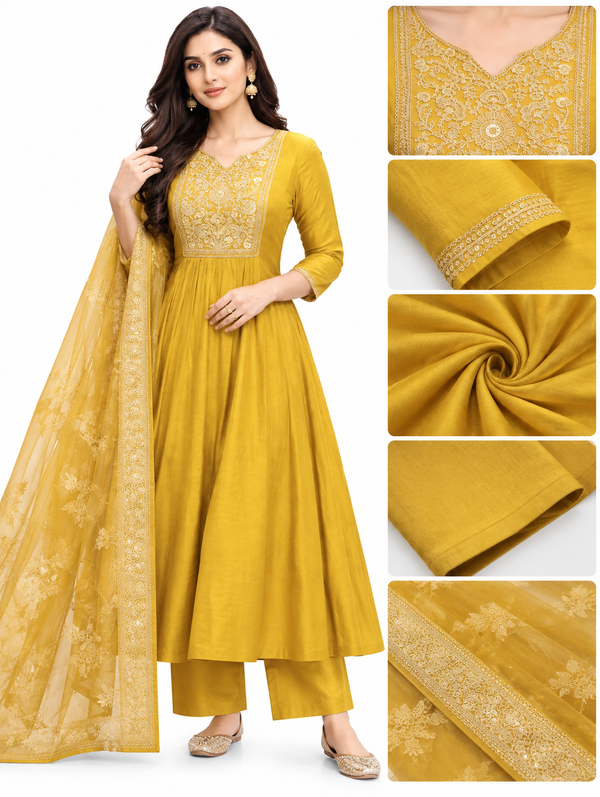 Women’s Mustard Yellow Mul Chanderi Embroidered Anarkali Kurta Pant Set with Dupatta