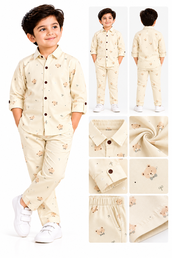 **Boys Cream Teddy Bear Print Shirt & Pajama Set**