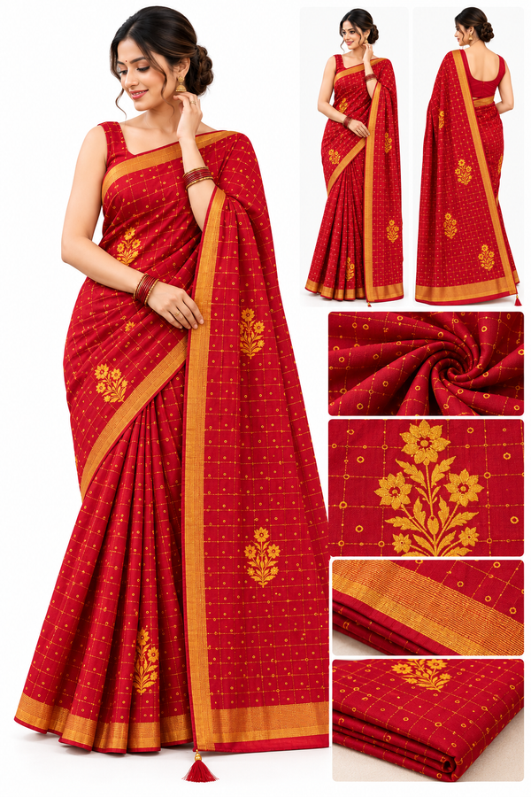 Traditional Red & Rust Orange Saree with Golden Motifs and Designer Border