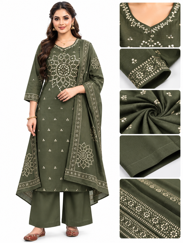 Women’s Olive Green Embroidered Cotton Kurta Palazzo Set with Dupatta