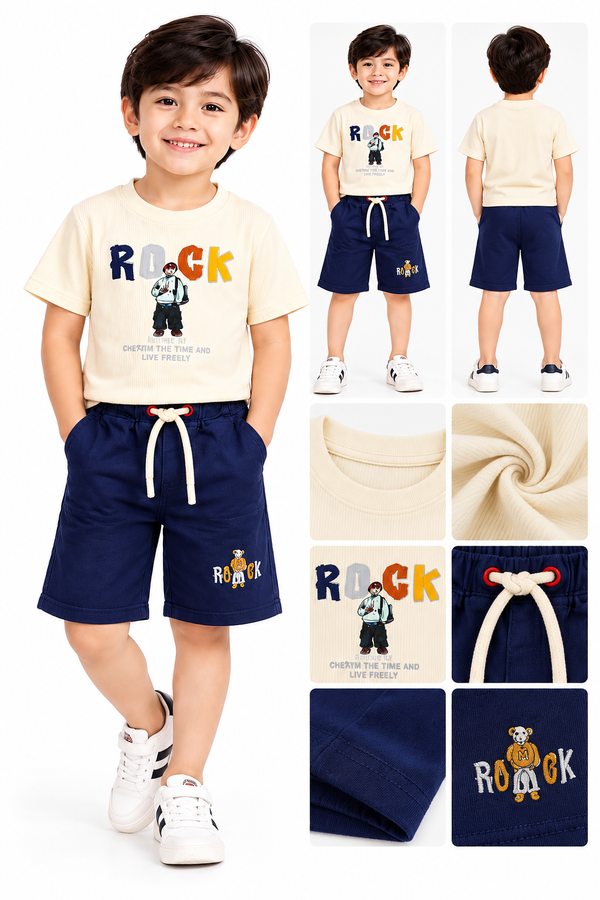 **Boys Cream Graphic T-Shirt with Navy Blue Drawstring Shorts Set**