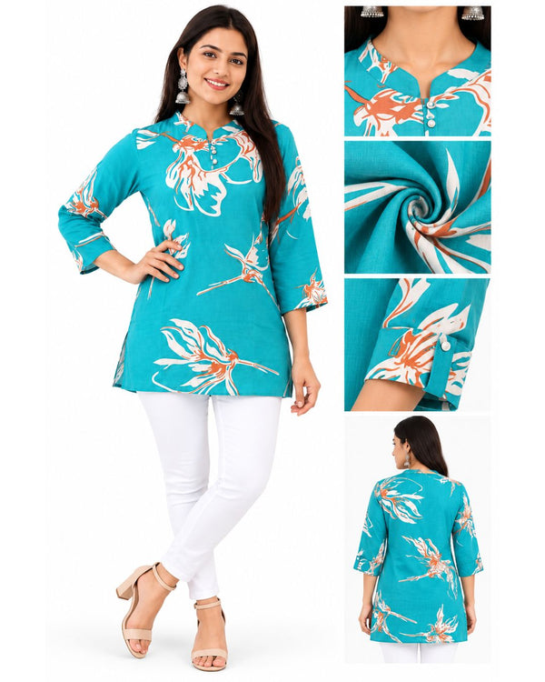 Floral Printed Women’s Casual Kurti – Pink & Turquoise
