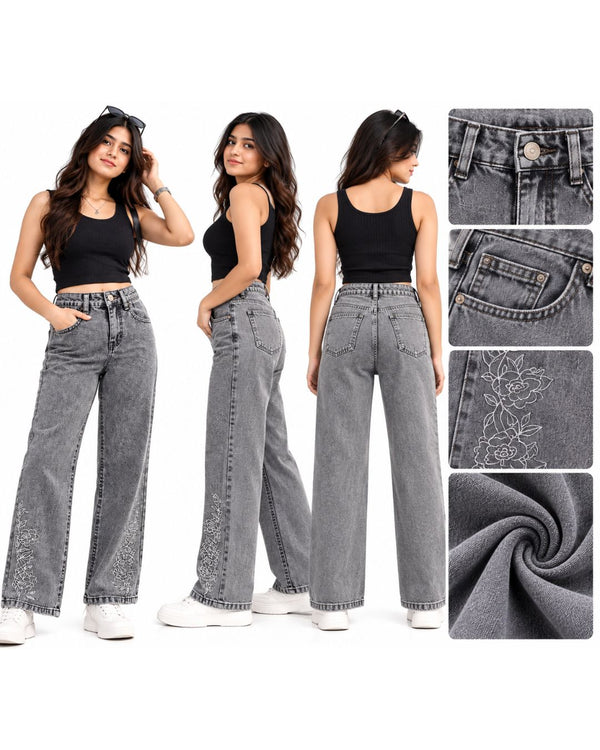 Women’s Grey Embroidered Wide-Leg Jeans – Stylish & Trendy Fit