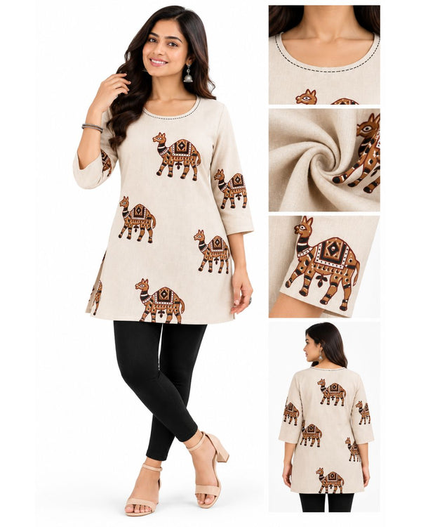 Women’s Ethnic Printed A-Line Kurti – Elegant Camel Print 3/4 Sleeve Top